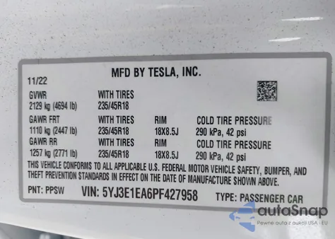 2023 Tesla Model 3 Rear-Wheel Drive z USA, uszkodzony, nr VIN 5YJ3E1EA6PF427958